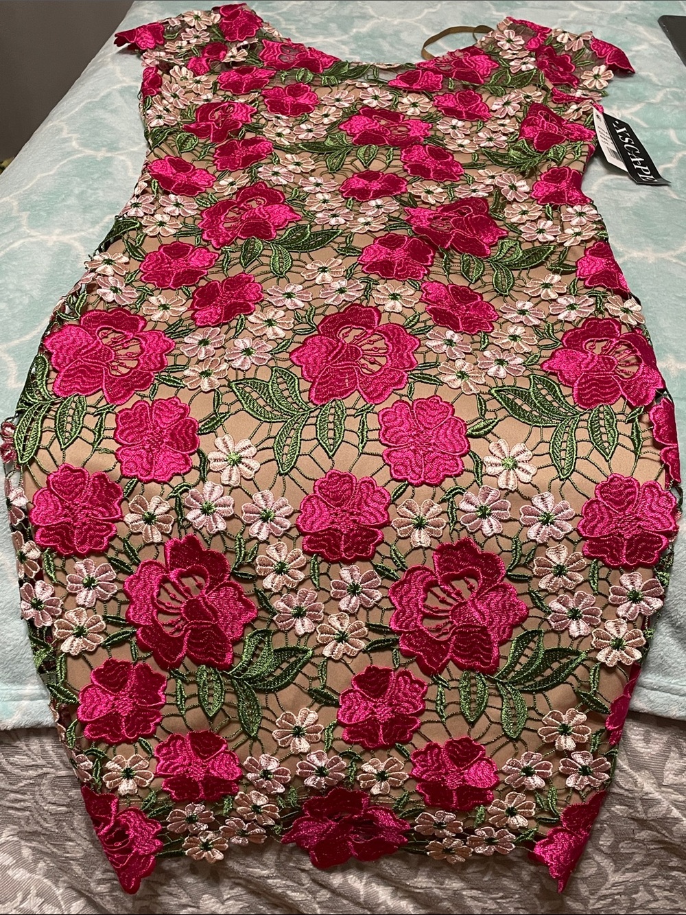 Xscape Fuchsia Floral Lace Midi Dress with Green Embroidery